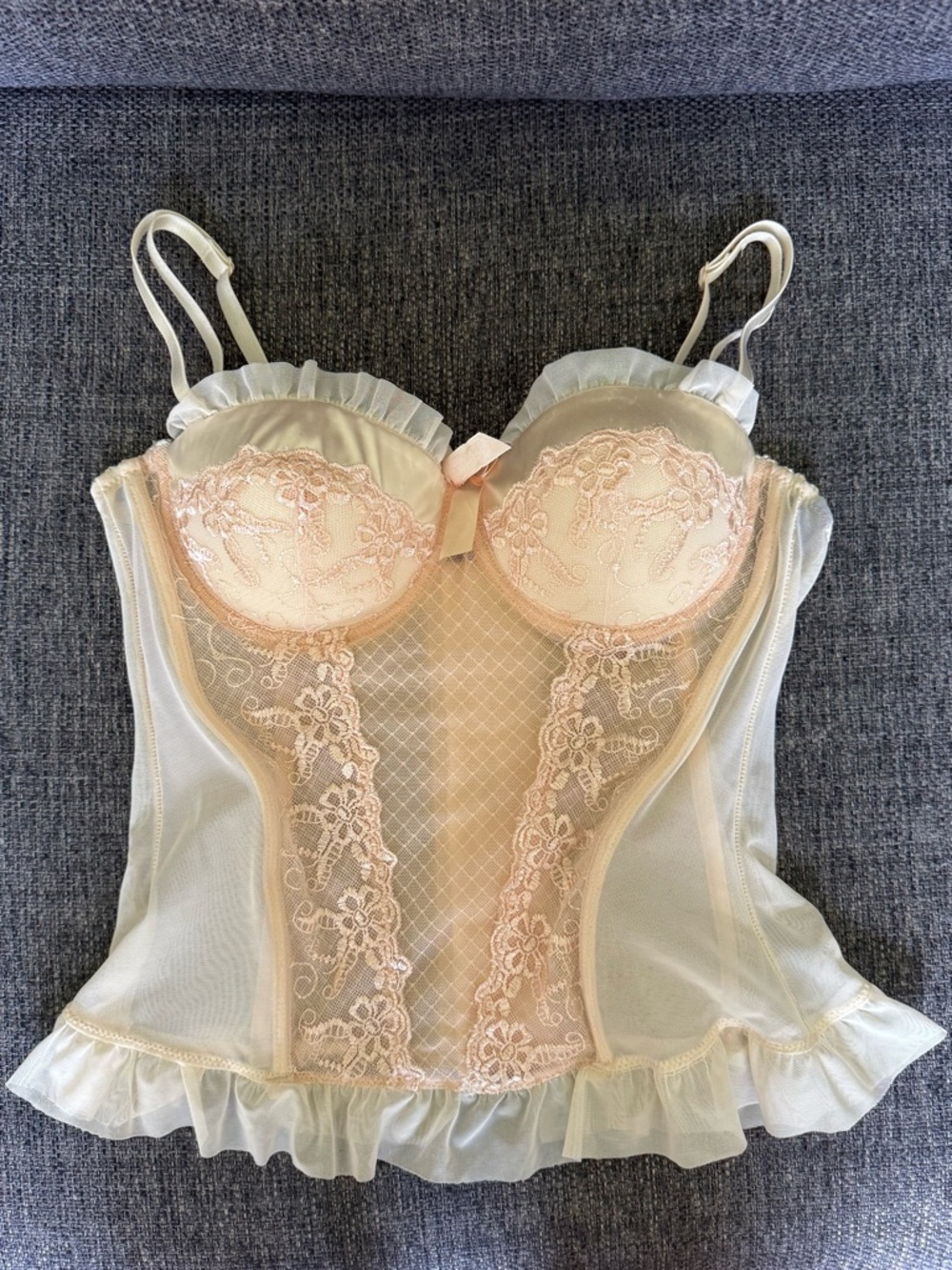 Y2K Sheer Lace Bustier Corset in Pale Pink and Cream